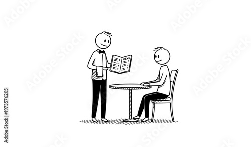 Hand Drawn Stick Figure Waiter Showing Menu to Customer in Cafe Minimal Outline Vector Illustration