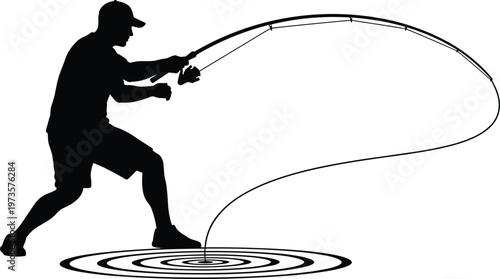 Fishing silhouette illustration, person holding rod, dynamic tension line, water ripple design, outdoor sport art, black and white style
