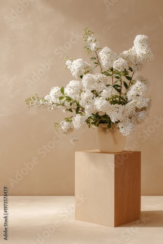 Elegant White Flowers in a Minimalist Beige Vase on a Pedestal.