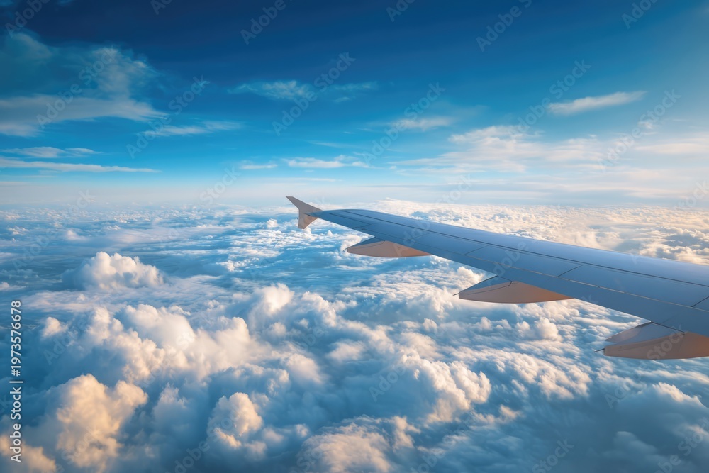 Obraz premium View from airplane window above fluffy clouds during sunset.