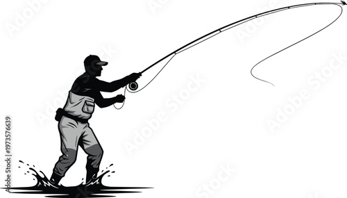 Fishing silhouette, fly casting, outdoor activity, dynamic motion, river sport, waders gear, nature lifestyle, monochrome illustration, angler posture, recreational design