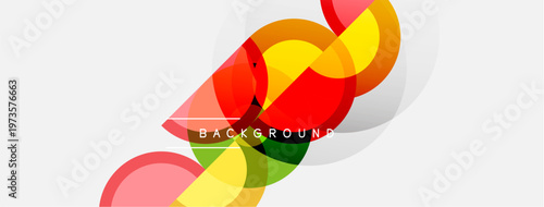 Abstract colorful shapes overlap, creating dynamic composition. Bright hues blend with soft gradients, modern design element.