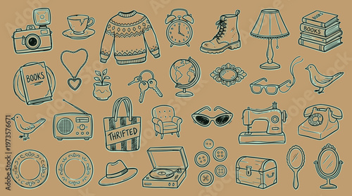 Collection of vintage objects and items for sale at a thrift store or flea market, hand-drawn illustration style