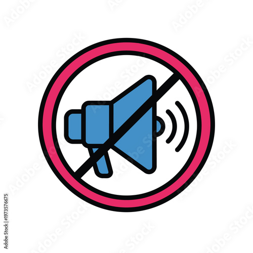 A graphic illustration of a blue megaphone with sound waves inside a red prohibition sign.