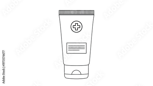 Clean outline vector illustration of a medical hand sanitizer or antiseptic cream tube with a health cross symbol for hygiene and protection.