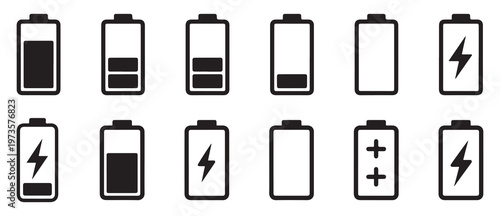 Battery charging icons with lightning bolt symbol and capacity levels. vector illustration eps 10