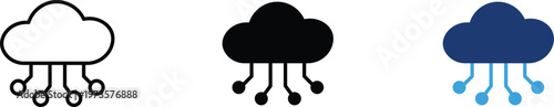 Cloud computing technology icons, digital network storage symbols, set of 3 vector cloud circuit elements for data hosting and server infrastructure
