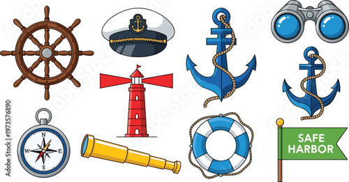 Nautical and Maritime Icon Set Featuring Ship Wheel, Anchor, Lighthouse, Binoculars, and Safe Harbor Symbols in Vector Style