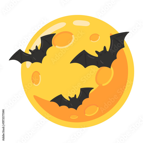 Halloween Bats Flying Before a Spooky Moon Illustration, Holiday Nighttime Imagery