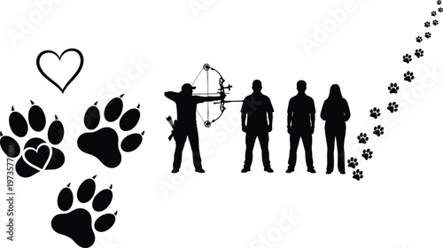Dog paw prints with heart symbol and hunter archer silhouettes, animal tracking trail icons isolated on white background vector illustration collection