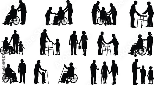 Elderly care and assistance silhouettes showing caregivers helping seniors with wheelchair walker and family support isolated on white background, healthcare and caregiving concept