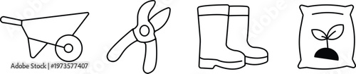 Gardening tools and supplies a black and white line drawing collection