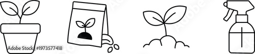 Hand drawn gardening icons seedling pot fertilizer and spray bottle for plant care