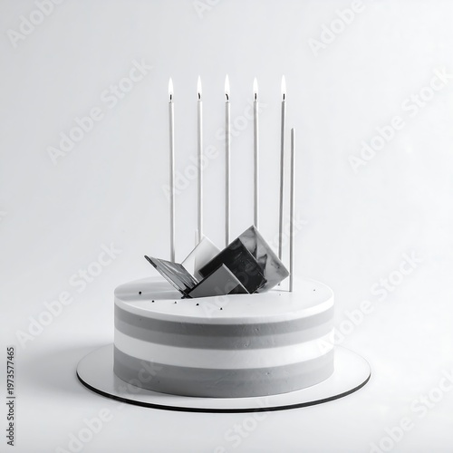Monochrome image of a cake with decorative candles and a geometric art piece. The cake has horizontal bands of varying grey shades