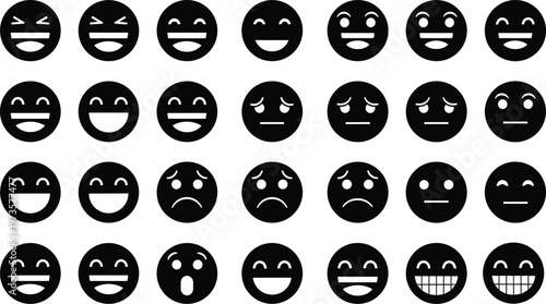 Emoji faces icon set with various emotions expressions including happy sad surprised isolated on white background, social media emoticon collection vector illustration