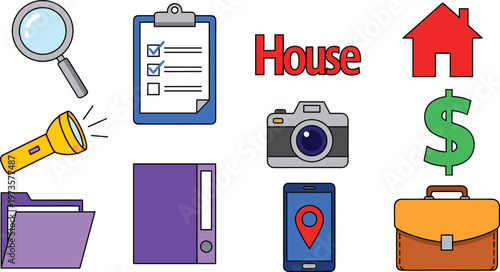 Real Estate and Document Management Icon Set Featuring House, Camera, Checklist, Folder, and Location in Vector Style