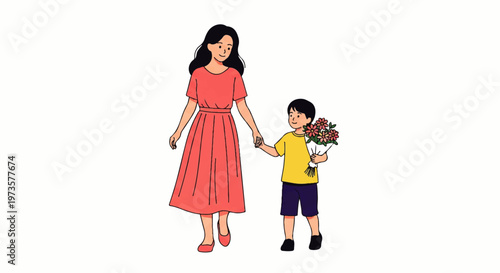 Vector flat design illustration of a mother and son holding hands with flowers, symbolizing family love and togetherness