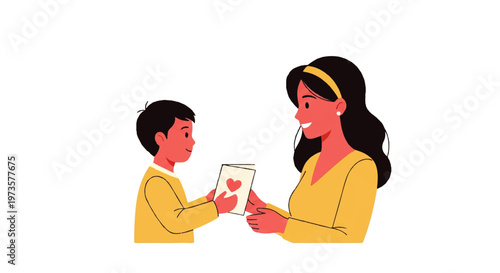 A loving son presents a handmade card with a heart to his smiling mother in a charming vector flat design illustration