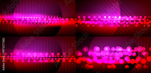 Abstract background features vibrant pink, red circles. Dots create glowing lines, suggesting energy, movement. Dark backdrop enhances luminosity.