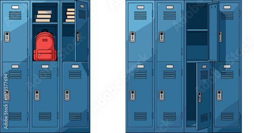 School lockers with open compartments books and backpack realistic vector illustration metal storage cabinets education interior isolated