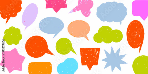 Colorful speech bubbles and thought balloons scattered across a white background