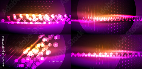 Abstract backgrounds feature glowing orbs, vibrant purple hues, orange accents. Dots create dynamic light effects, modern design elements.