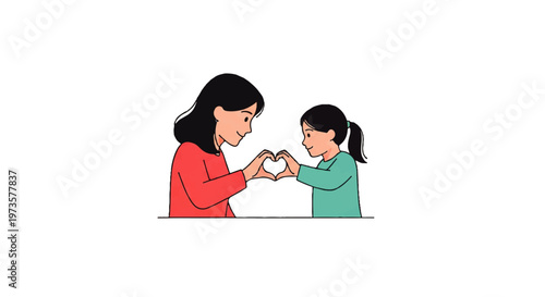 Vector flat design illustration of a mother and daughter forming a heart shape with their hands, symbolizing love