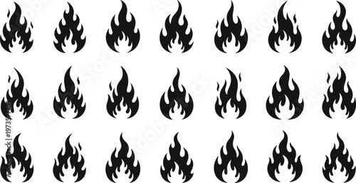 Flame fire silhouette icon set with various shapes isolated on white background, burning symbol collection for hazard warning design, vector illustration elements