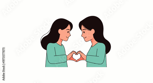 Vector flat design illustration of two young women making a heart shape with their hands, symbolizing love