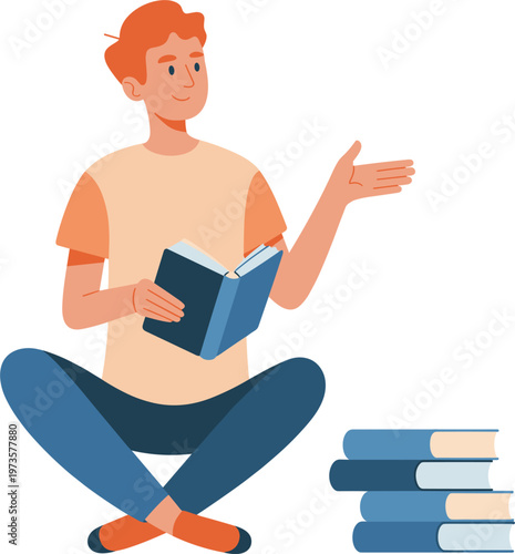 Young person reading book while sitting cross legged representing education learning knowledge and study in modern flat illustration style