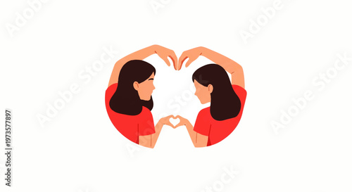 Vector flat design illustration of two women forming a heart shape with their hands, symbolizing love and connection