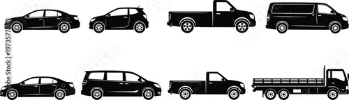 Collection of vehicle silhouettes including sedan, hatchback, pickup truck, van and cargo truck, detailed transportation set isolated on white background for automotive and logistics concept