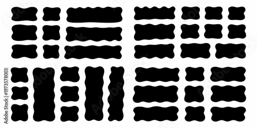 Abstract arrangement of irregular black shapes on a white background