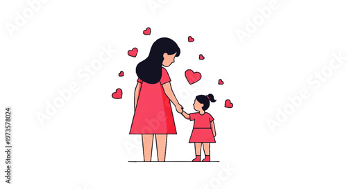 Vector flat design illustration of a mother and daughter holding hands surrounded by hearts, symbolizing love
