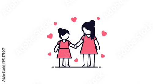 Vector flat design illustration of a mother and daughter holding hands surrounded by pink hearts, symbolizing love