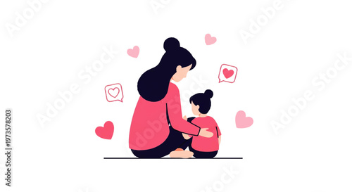 Vector Flat Design Illustration of a mother embracing her child with love and care, surrounded by hearts