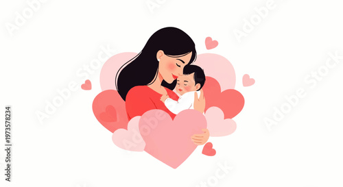 Vector flat design illustration of a loving mother holding her baby surrounded by soft pink hearts