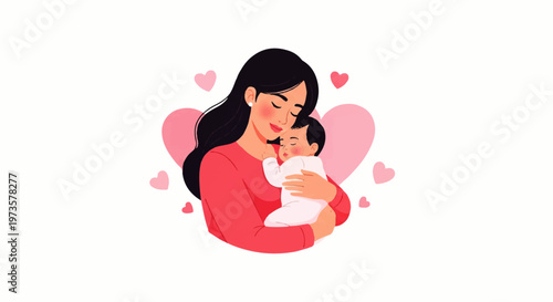 Vector Flat Design Illustration of a loving mother holding her baby with hearts symbolizing love and care