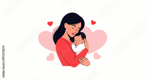 Vector flat design illustration of a loving mother holding her newborn baby with hearts symbolizing affection and care
