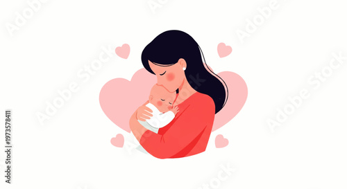 Vector flat design illustration of a loving mother holding her baby with hearts symbolizing affection and care
