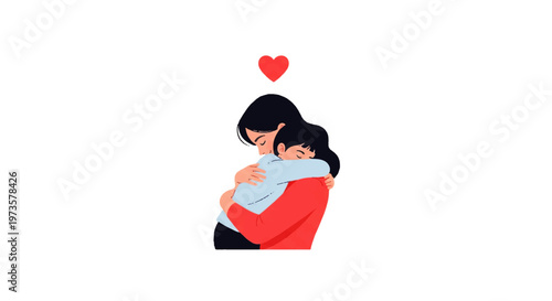 Vector flat design illustration of a mother tenderly hugging her child with a red heart above them