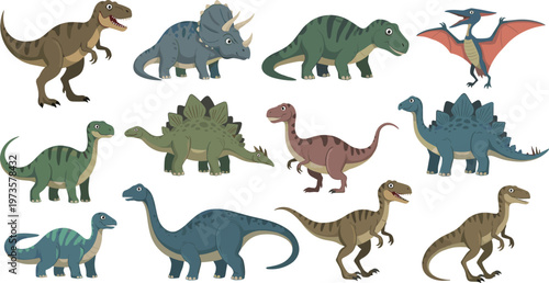 Cartoon Dinosaur Collection Featuring T-Rex, Triceratops, Stegosaurus, Velociraptor, and Other Prehistoric Creatures for Kids' Art and Nature Designs