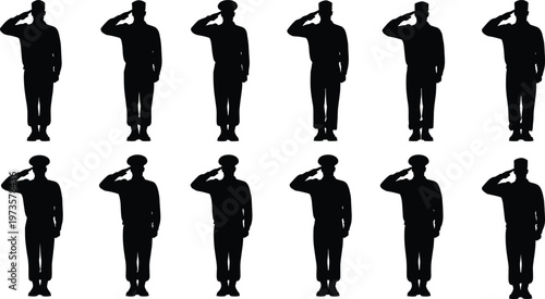 Military soldier salute silhouette set showing uniformed personnel standing and saluting isolated on white background, army respect gesture vector illustration collection for design