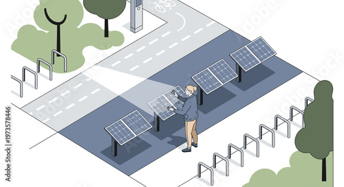 Man inspecting solar panels in a city park with bike racks and electric vehicle charging station