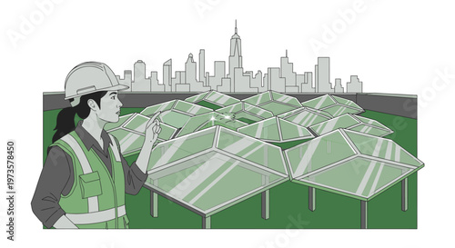 Woman engineer in hard hat inspecting solar panels in front of city skyline, sustainable energy concept