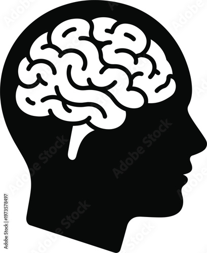 Human head silhouette with brain illustration representing intelligence thinking neuroscience and mental health concepts in minimalist black design