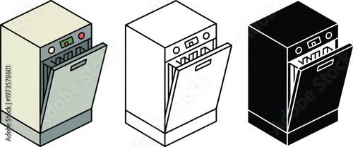 Dishwasher silhouette & Outline and illustration set isolated on transparent background