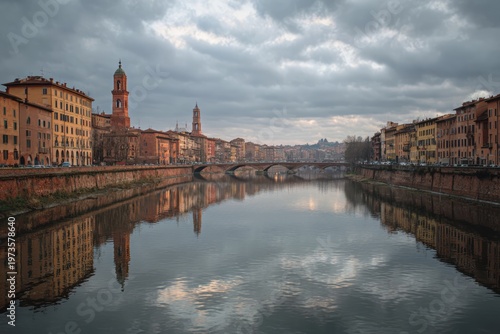 Pisa Cityscape Reflection Arno River Evening Sky.