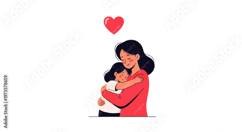 Vector flat design illustration of a loving mother embracing her child with a red heart above, symbolizing family bond