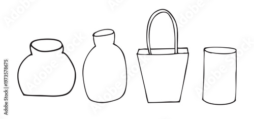 A hand drawn vector set of four vases. The vases vary in shape and size, including a round vase, a bottle-shaped vase, a square vase with a handle, and a cylindrical vase.
